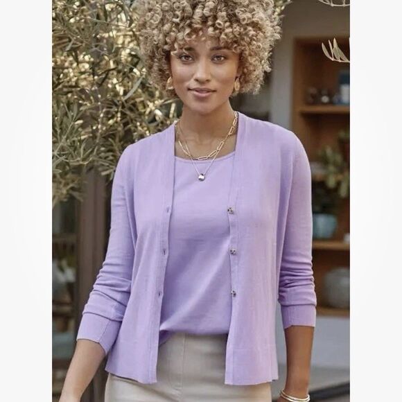 J Jill Cardigan Womens 2X Organic Cotton Lavender Preppy Coquette Cottage Work - Picture 1 of 6